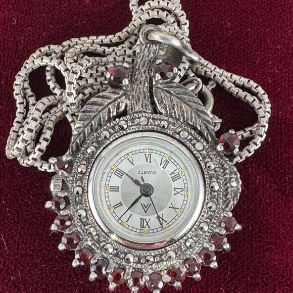 Fabulous Vintage 1940's Ladies Garnet and Marcasite Watch Pendant necklace - Picture 2 of 8